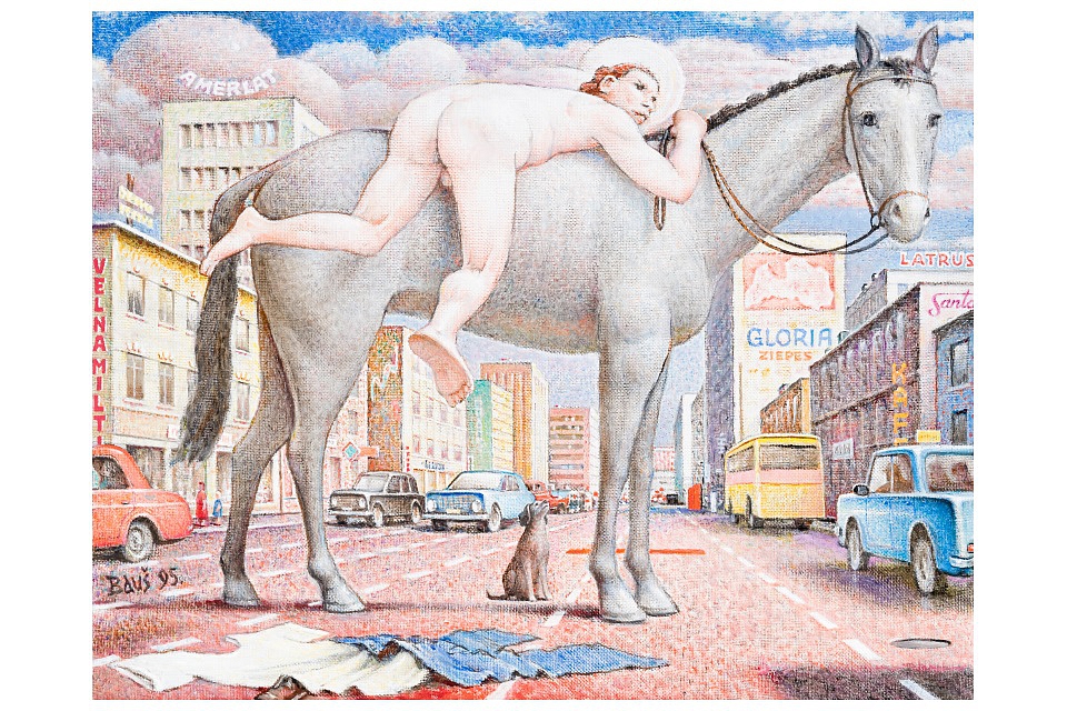 Аусеклис Баушкениекс. «Хочу залезть на коня», 1995 г., холст, масло.