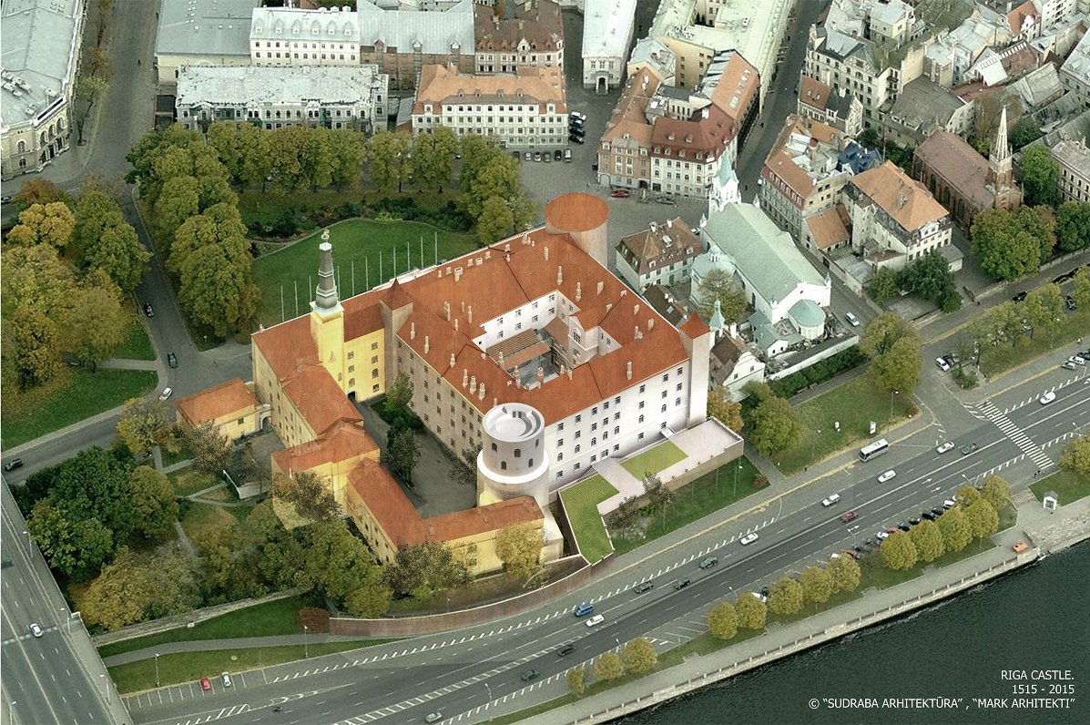 Rīgas pils pēc restaurācijas pabeigšanas. Baltais kvadrātveida apjoms ar 4 torņiem stūros ir Kastela...