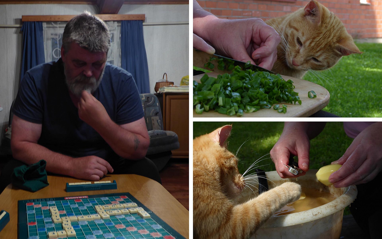 1) Spēlējam vārdu spēli Scrabble 2) Mamma griež lokus 3) Rudis piedalās kartupeļu mizošanā