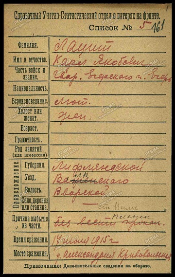 Образец учетной карточки РГВИА: Лацит, Карл Якобович, женатый лютеранин, призвавшийся из Валка (Валк...