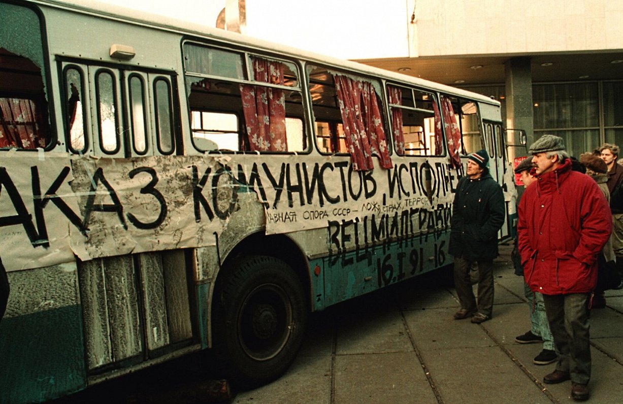 January 1991. The Barricades. The bus shot by OMON forces by the Latvia hotel