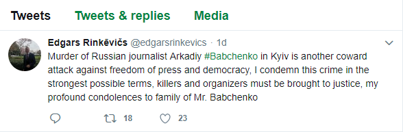 Твит Эдгара Ринкевича, осуждающий убийство Аркадия Бабченко