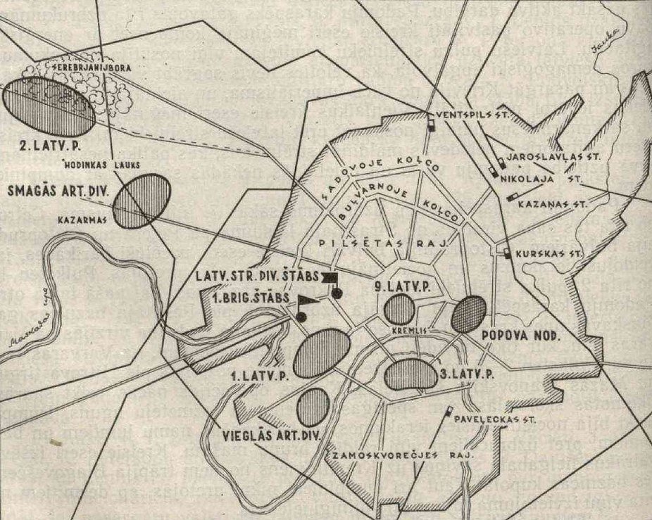 Расположение подразделений латышских стрелков в Москве, 6 июля 1918 года