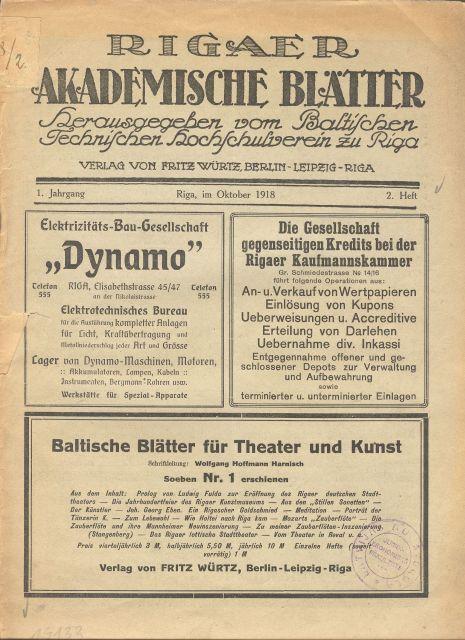 Baltijas Tehniskās augstskolas avīzes &quot;Rigaer Akademische Blatter&quot; 1918. gada 2. oktobra n...