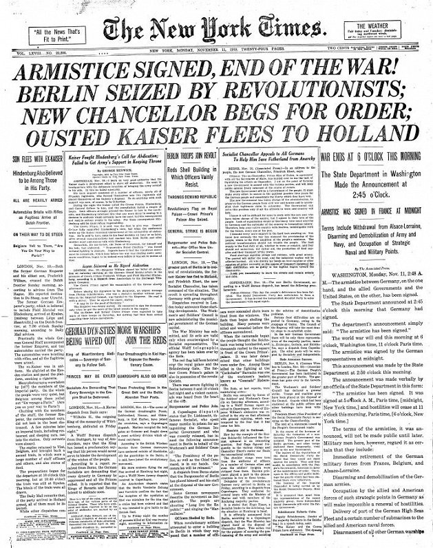 Первая страница New York Times, 11 ноября 1918 года
