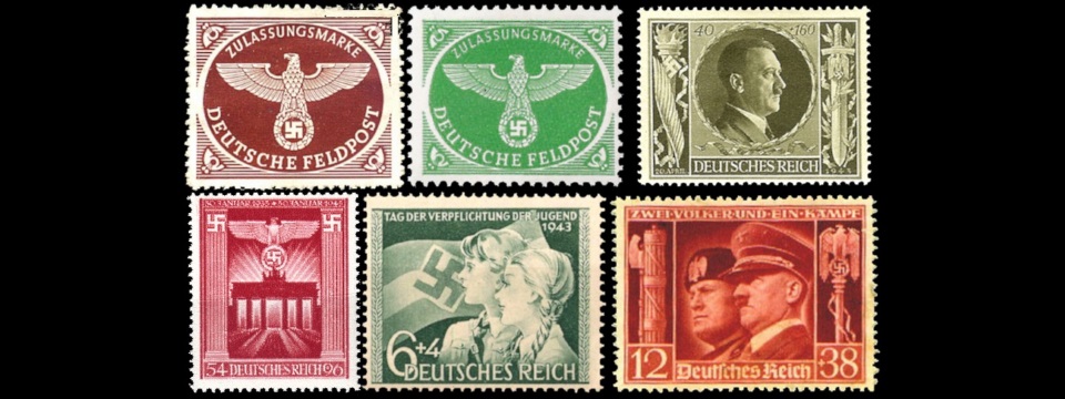 Варианты использования свастики на почтовых марках нацистской Германии (масштаб не соблюден).
