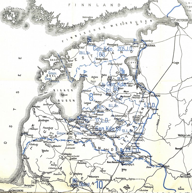 Vācu okupācijas karaspēka izvietojuma shēma Baltijā 1918. gada novembrī