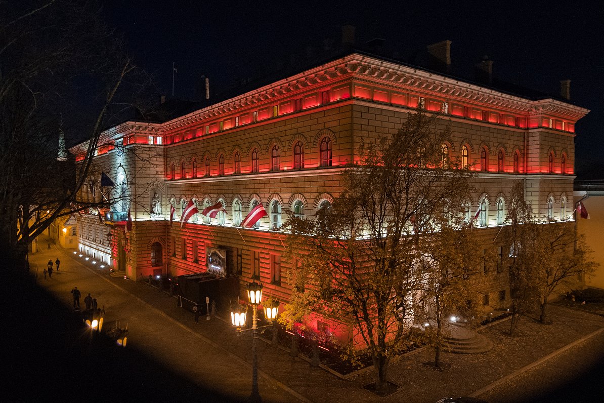 Saeima building illuminated