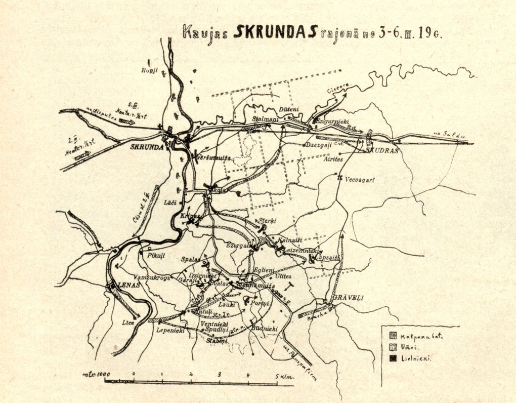 Схема боев в окрестностях Скрунды, 3-6 марта 1919 года