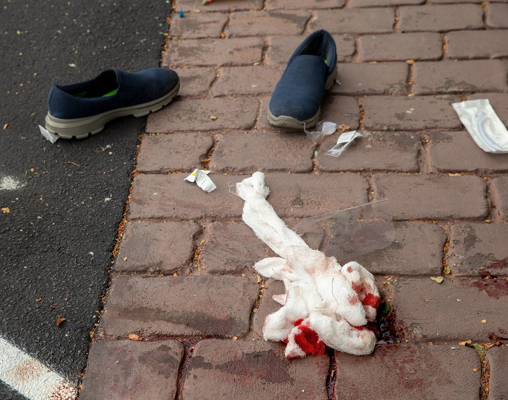 epa07438402 Bloodied bandages are seen on the ground following a shooting resulting in multiple fata...
