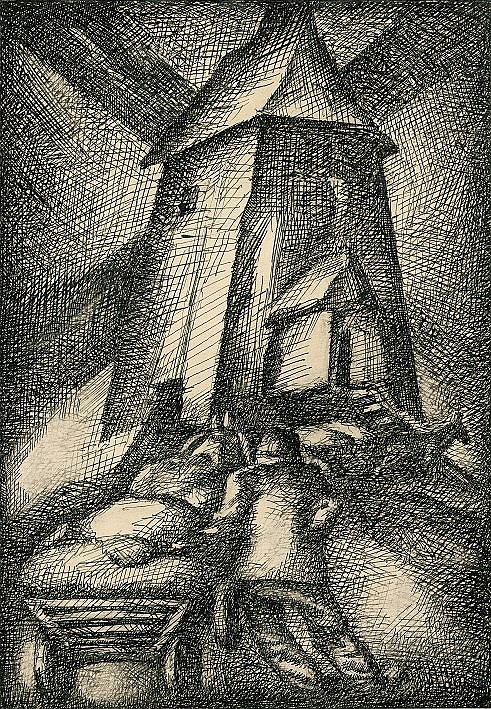Emīls Melderis. Ilustrācija Antona Austriņa stāstam “Vecās dzirnavas”. 1944. Papīrs, tuša. LNMM kole...