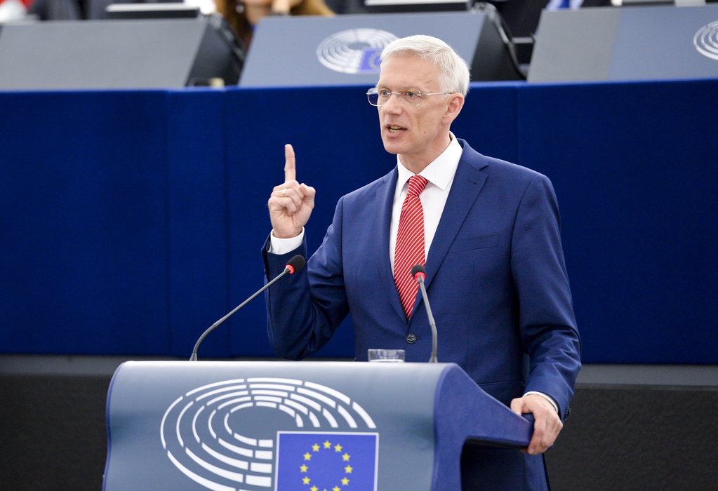 Krišjānis Kariņš addresses European parliament in Strasbourg