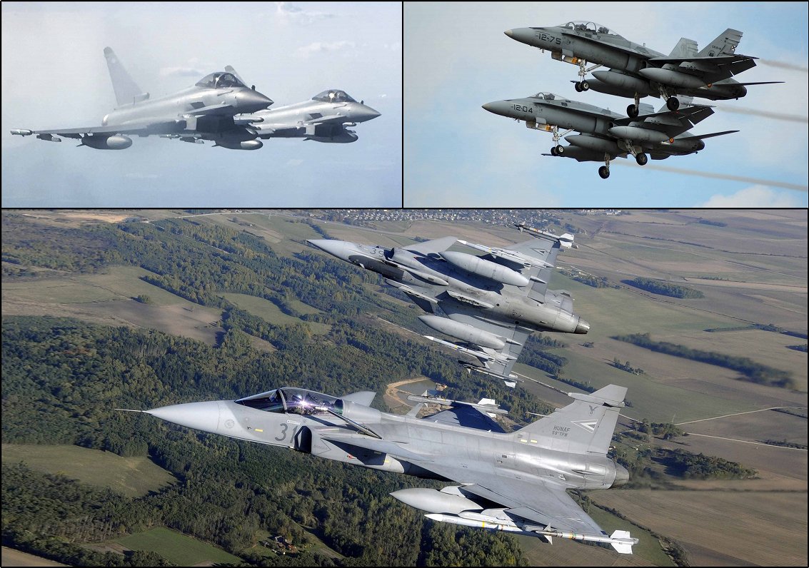 (Clockwise from top left) Royal Air Force Typhoons, Spanish Air Force F-18s and Hungarian Air Force...