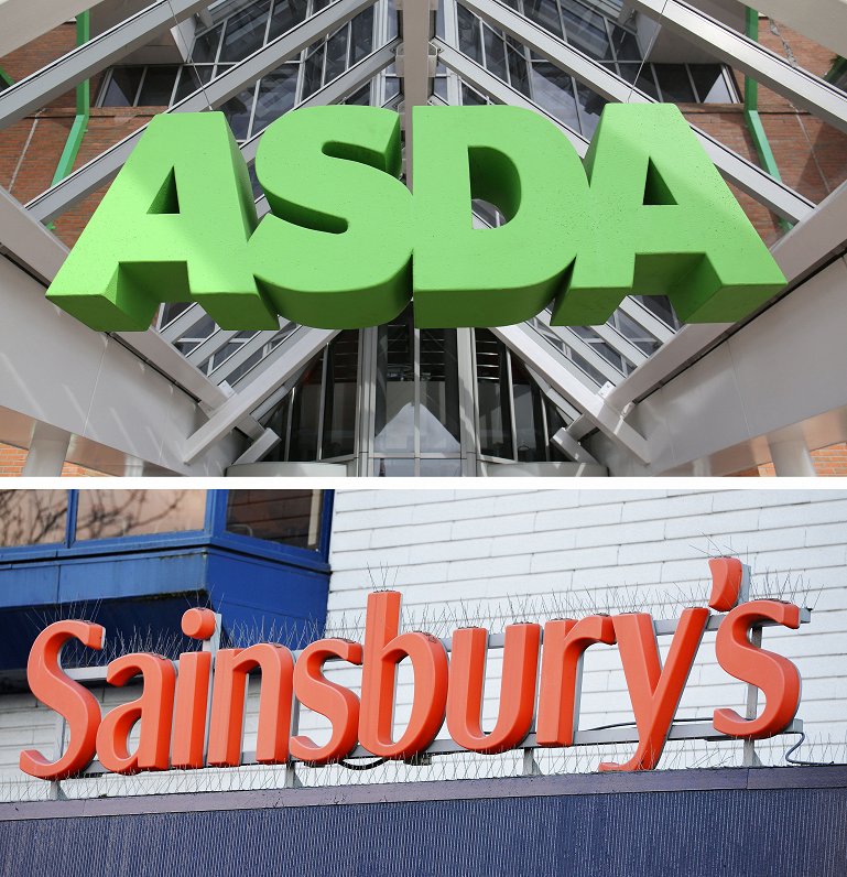 Undated file photos of an ASDA and a Sainsbury's sign. The Competition and Markets Authority has blo...