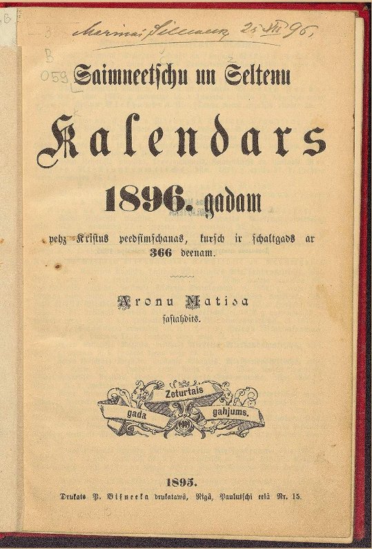 Saimnieču un zelteņu kalendārs 1896. gadam