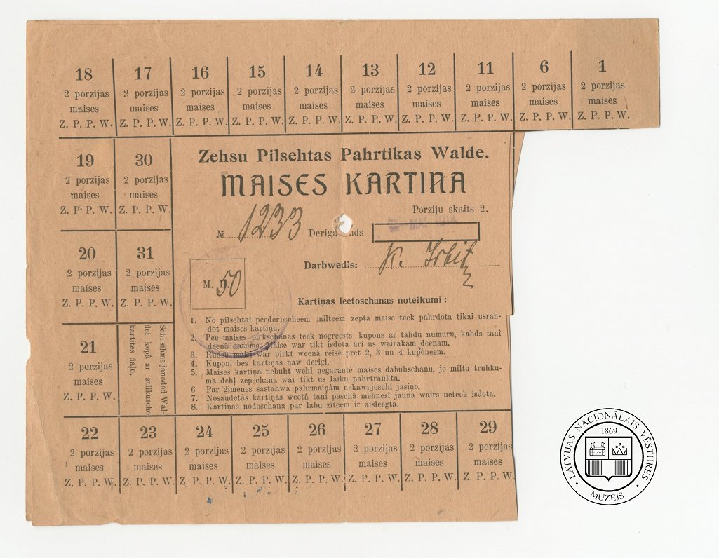 Cēsu pilsētas Pārtikas valdes izsniegta maizes kartiņa vācu okupācijas laikā, 1918. gada maijā