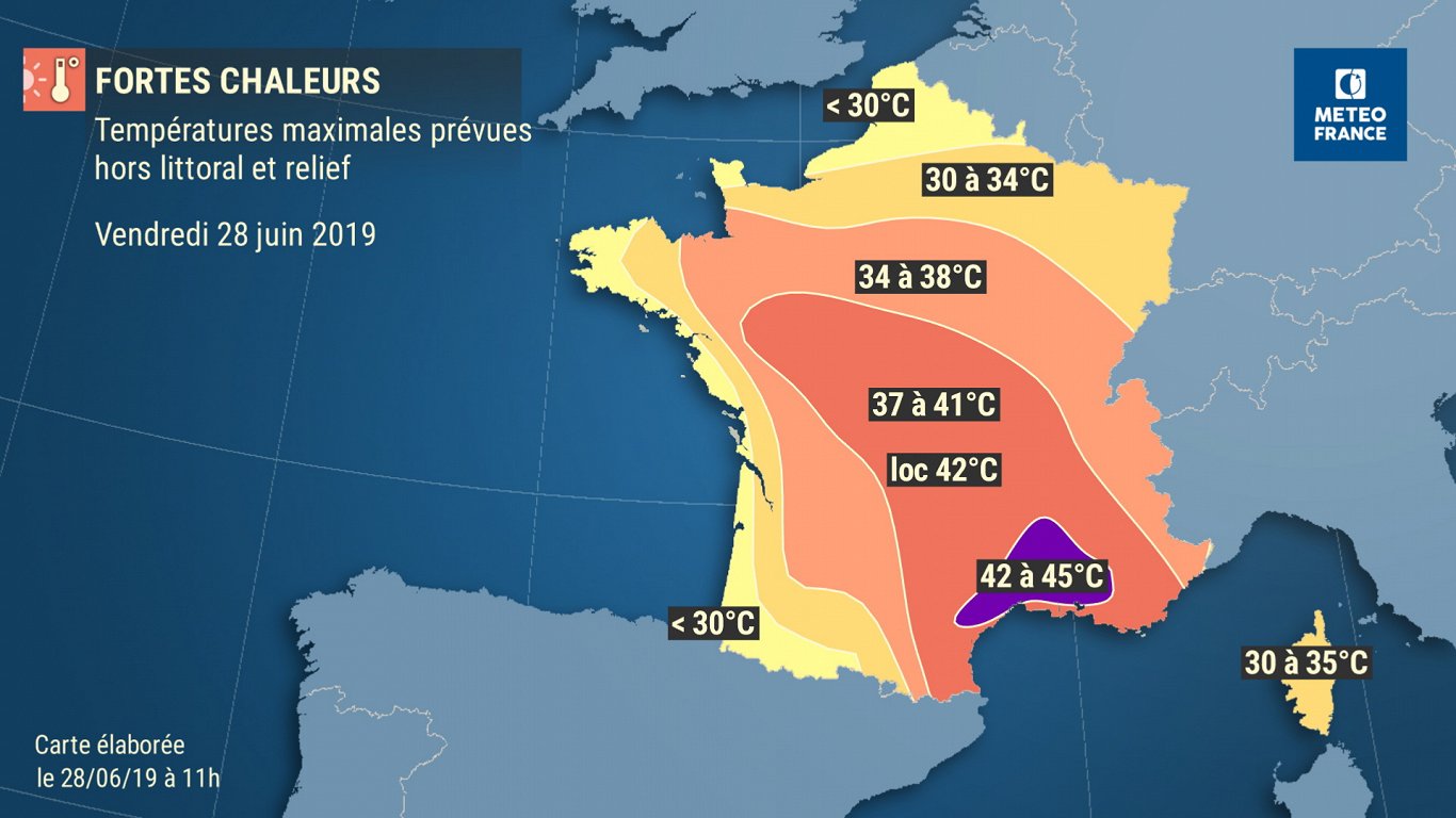 Meteoroloģiskajā kartē atainota prognozētā gaisa temperatūra Francijā 28.jūnijā