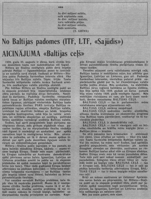 Baltijas padomes aicinājums laikrakstā &quot;Padomju Jaunatne&quot; 1989. gada 23. augustā