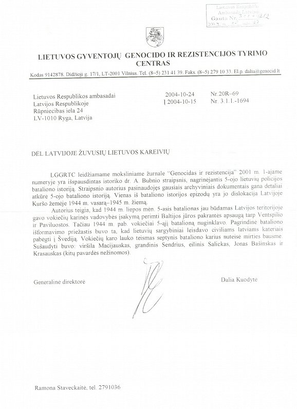 Lietuvas vēstniecības vēstule ar piecu karavīru vārdiem