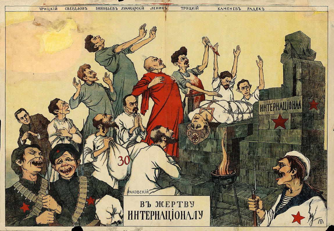 Antona Deņīkina štāba sagatavots propagandas plakāts, kurā attēloti vadošie komunisti rituāli upurēj...