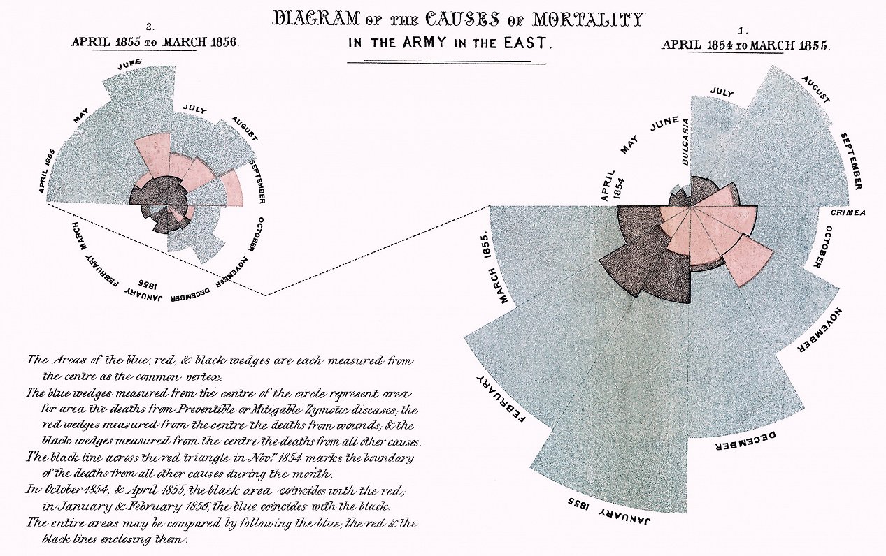 Diagramma, kas ataino mirstības iemeslus britu armijā, Florence Naitingeila, 1855.