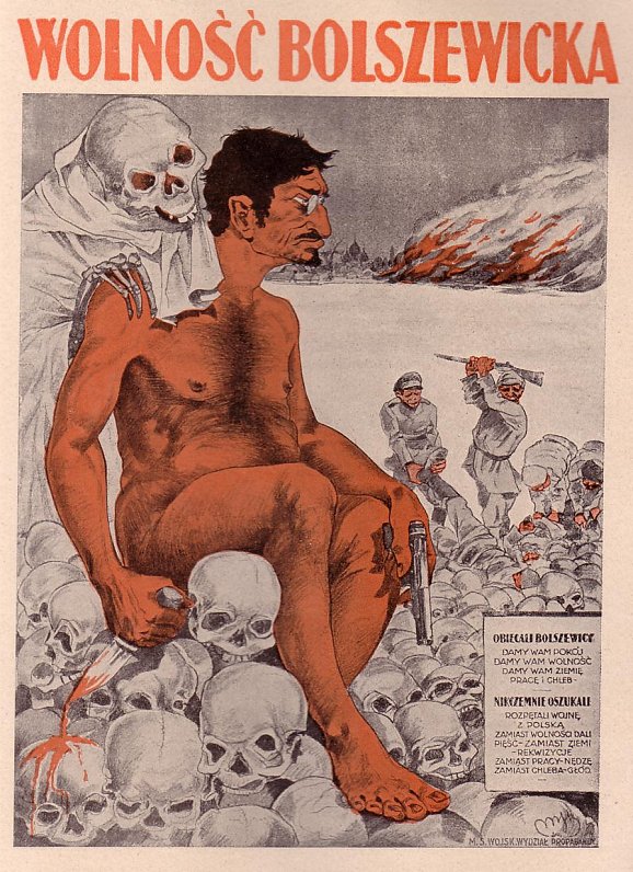 Poļu propogandas plakāts, kurā lielinieki ir attēloti kā nāves nesēji.