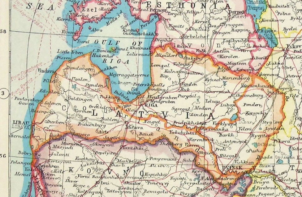 Карта 1920 года: в границах Латвии находятся ныне литовская Паланга и ныне эстонский остров Рухну (Р...