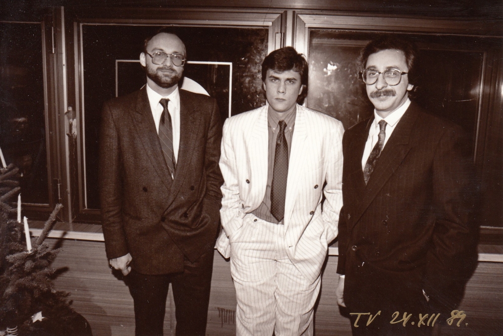 Labvakar hosts in 1989. From the left: Edvīns Inkēns, Jānis Šipkēvics, Ojārs Rubenis