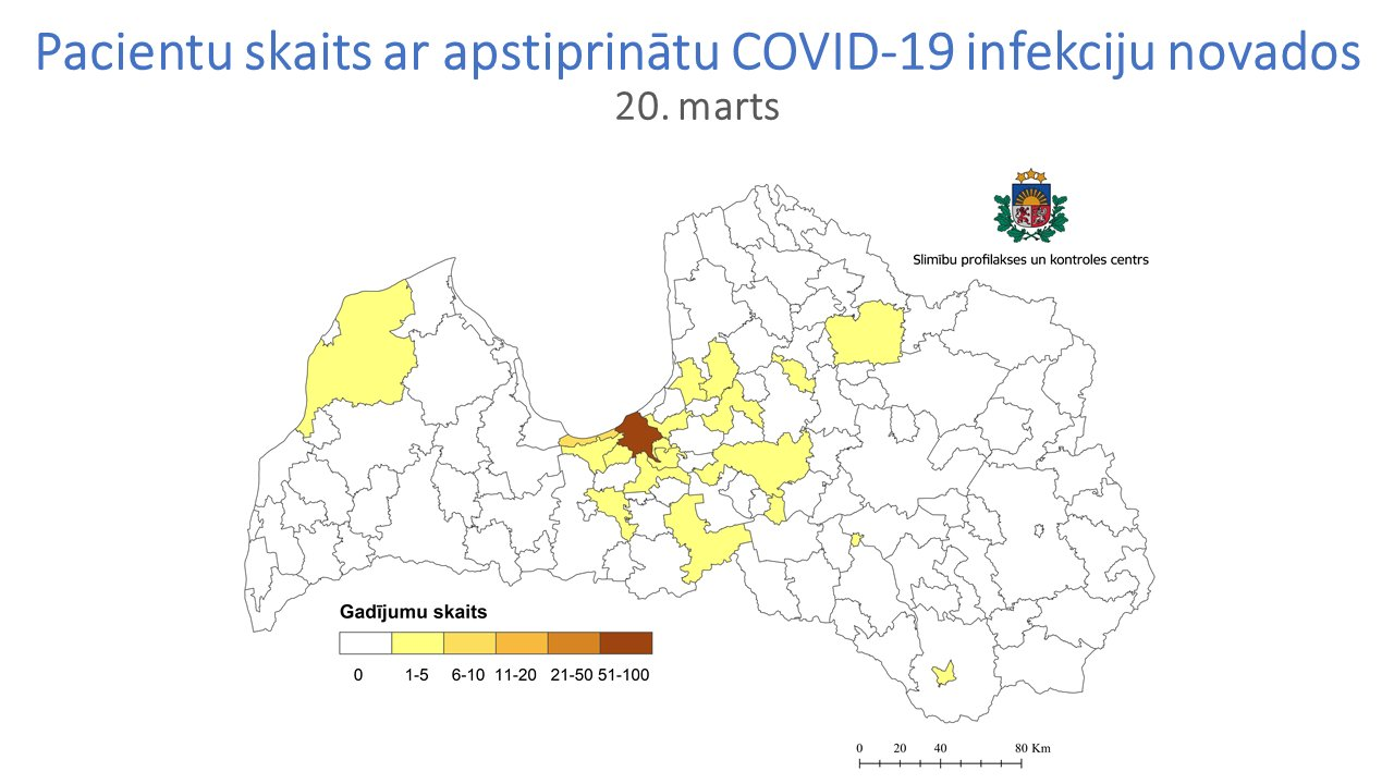 COVID-19 cases by municipality, March 20, 2020