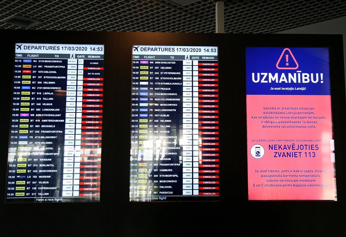 Lidojumu tablo starptautiskajā lidostā &quot;Rīga&quot;, 2020. gada 17. marts