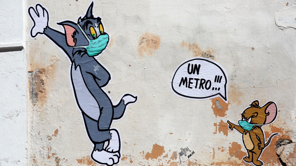Джерри — Тому: «Соблюдай дистанцию!». (рисунок на стене здания в Риме.)