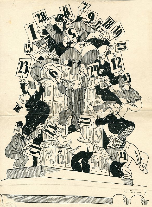 Karikatūra “Pie Bābeles torņa”. Rīga, 1928. gads. “Pagājušās Rīgas pilsētas domes vēlēšanās bij 23 k...
