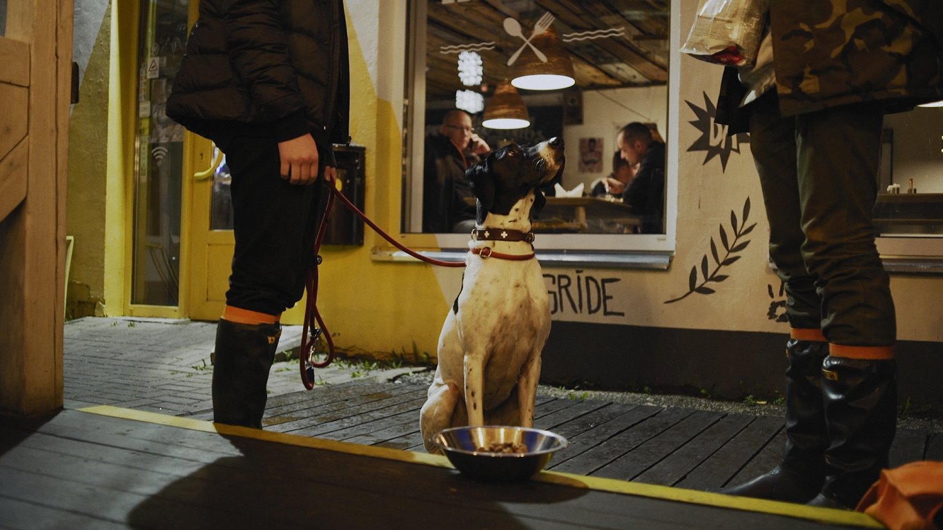 Urga gaida ēdienu pie ēstuves &quot;Ausmeņa kebabs&quot;.