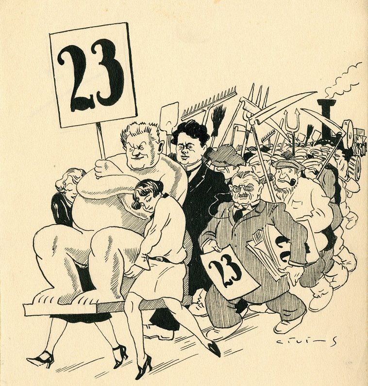 1928. gads. Karikatūras oriģinālais paraksts vēstīja: “Pat zemnieku savienība, kam līdz šim nav nekā...