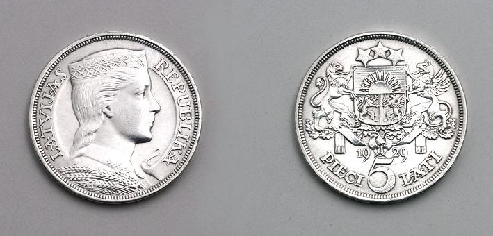 Latvijas Republikas 5 lati. Monēta, averss un reverss. 1929. R. Zariņa dizains.