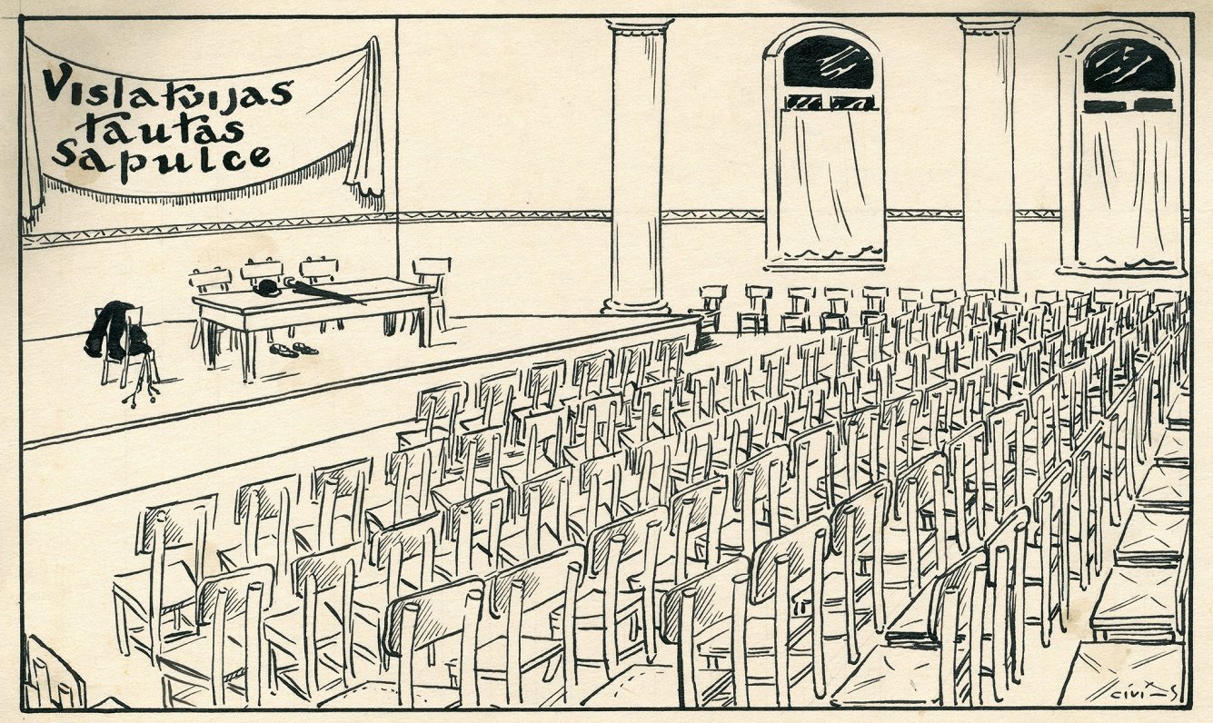 Подпись к оригинальной карикатуре 1928 года гласила: «Вселатвийское народное собрание не получило ни...