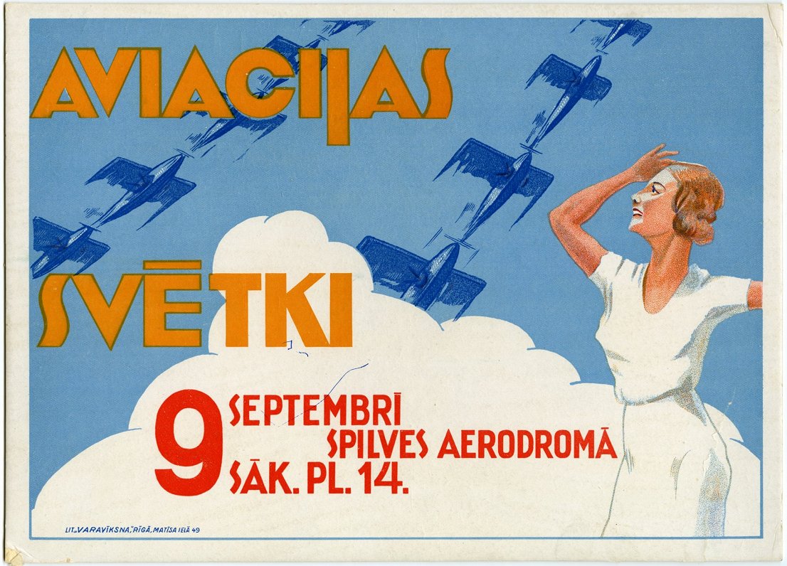 Aviācijas svētku plakāts no Latvijas Nacionālās bibliotēkas kolekcijas