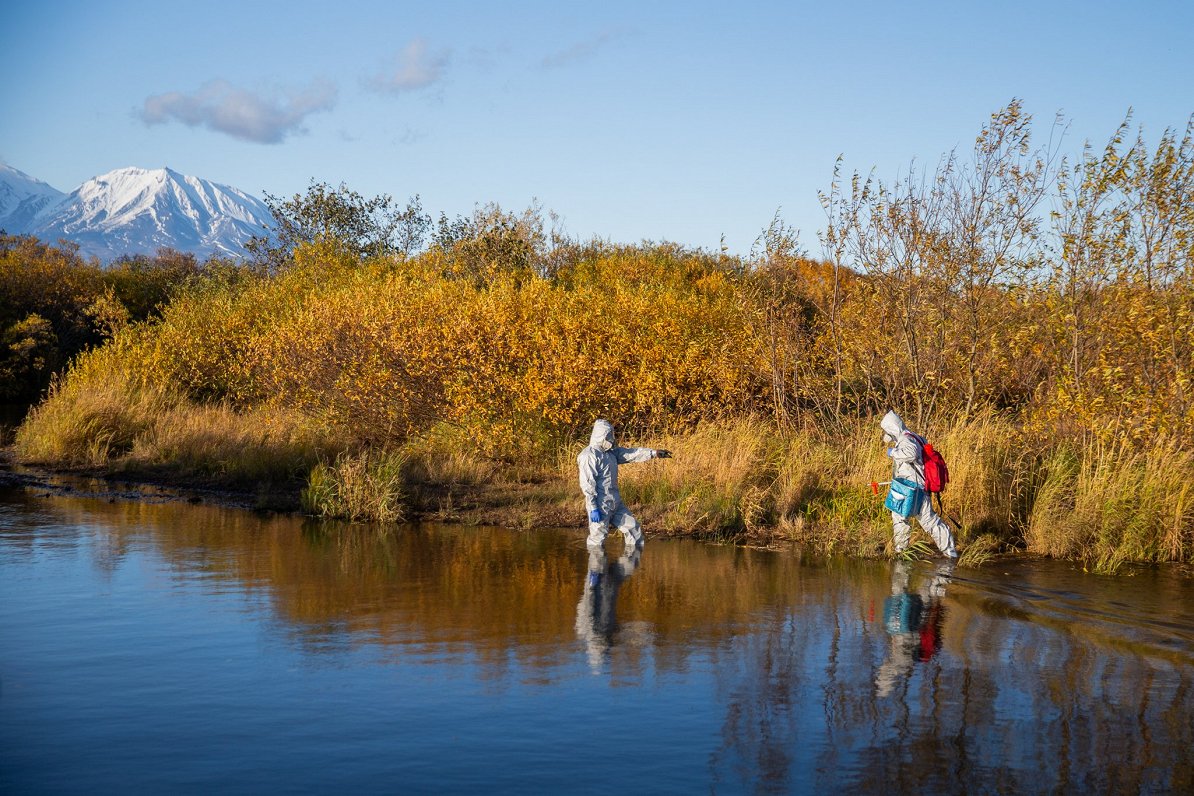 Vides eksperti ievāc vides paraugus Kamčatkā, Krievijā. 2020. gada oktobris.