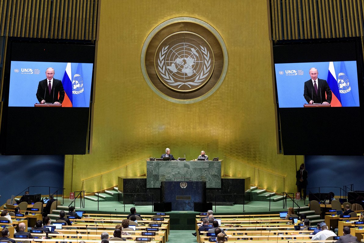 Krievijas prezidents Vladimirs Putins uzstājas Apvienoto Nāciju ģenerālajā asamblejā. 2020. gada sep...