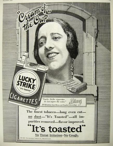 Marguerite d’Alvarez uz cigarešu “Lucky Strike” reklāmas 1928. gadā