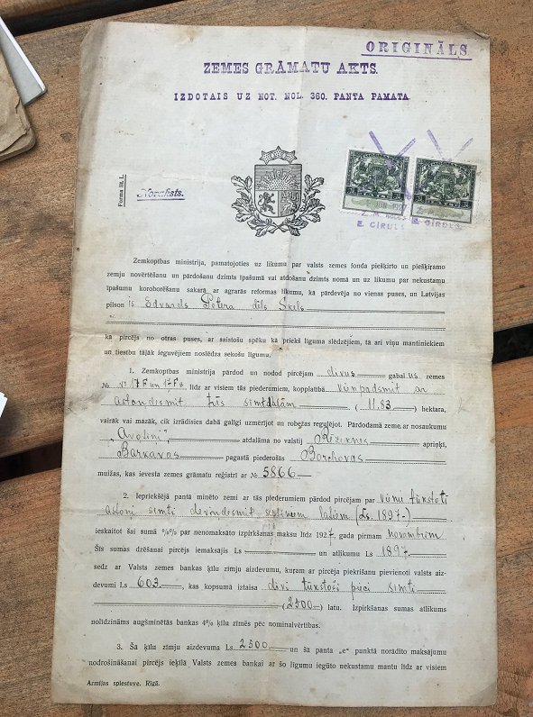 6.	Zemkopības ministrijas Zemes grāmatu akts izsniegta Edvardam Šķēlam, 1920. gadu beigas