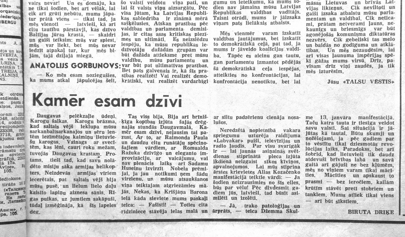 Fragments no avīzes &quot;Talsu Vēstis&quot; 1991. gada 15. janvāra numura.