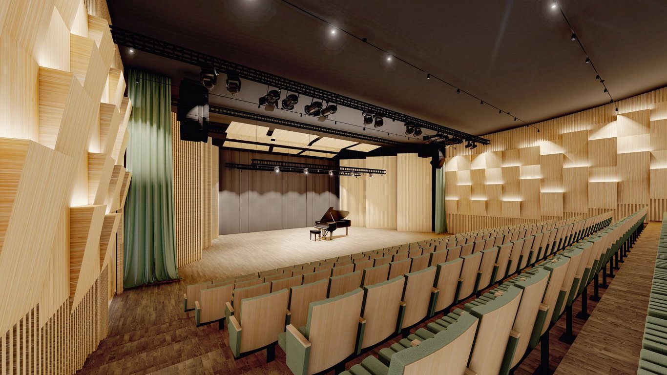 Emīla Dārziņa mūzikas skolas atjaunotās koncertzāles vizualizācija