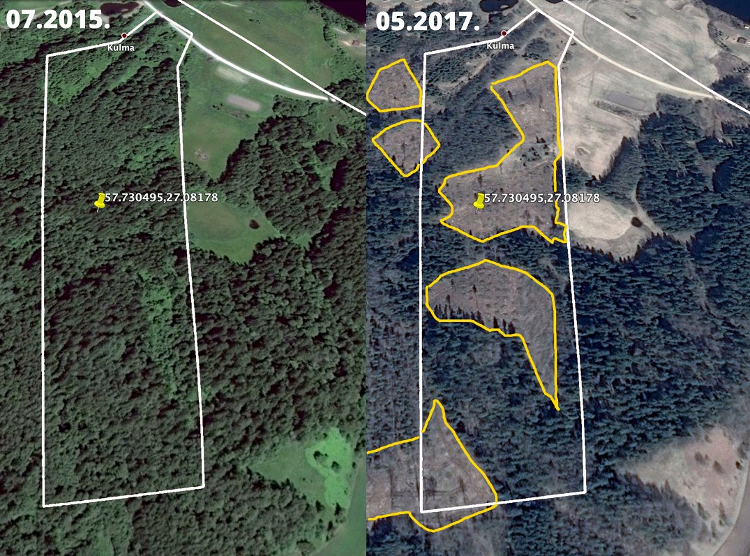 Satelīta uzņēmumos redzams, kā samazinājusies ar kokiem klātā platība Hānjas dabas parka teritorijā,...