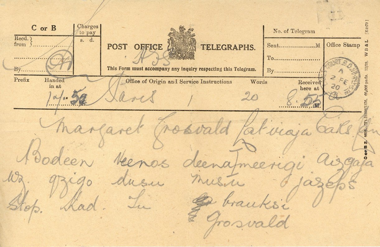 Oļģerda telegramma Margarētai uz Londonu 01.02.1920.