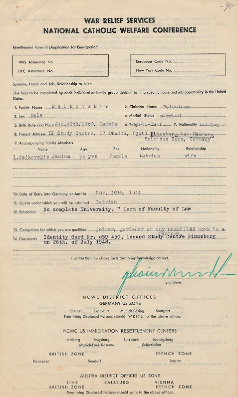 B. Maikovska DP nometnē aizpildītā anketa ieceļošanai ASV, 1948. gads