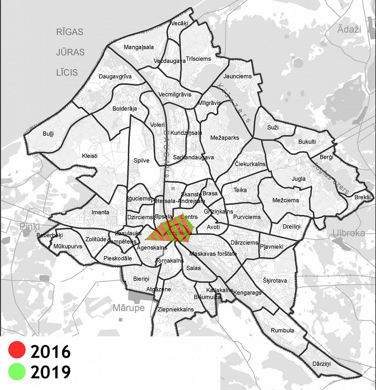 Rīgas tūrisma brošūrās pieejamo apskates vietu maksimāli noklātā teritorija (2016., 2019. gadā).