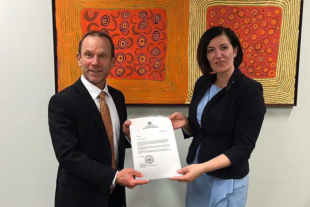 Ieva Apine with Ian McConville, head of protocol of the Australian government