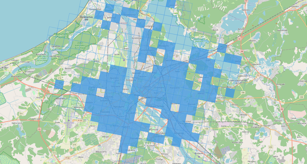 Rīgas kartes sadalījums kvadrātveida laukumos