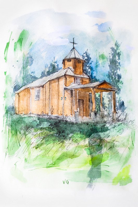 Viktorijas Grappas akvarelis. Pilcenes baznīca.